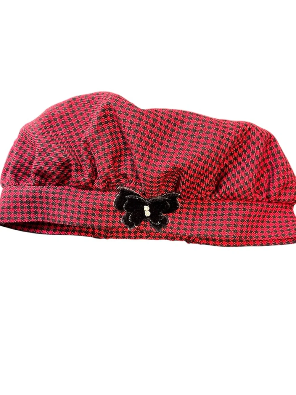 Vintage Bonnie Baby houndstooth cap with velvety butterfly applique. Size 6-9 M